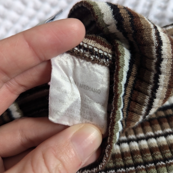 🎩 Basic Editions Mockneck Brown and Green Striped Top - Vintage - Picture 4 of 7